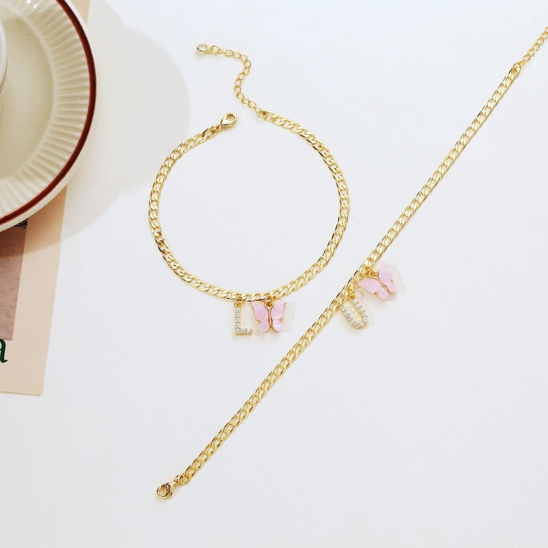 VIROMY 14K Gold Plated Dainty Butterfly Initial Ankle Bracelets Handmade Cuban Chain White Butterfly A-Z Alphabet Letter Initial Anklets Personalized Summer Beach Jewelry Gifts for Women - Image 5